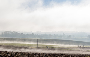 Avant Gèbre et la traversée de la route de Tané: randonneurs sortis de la brume