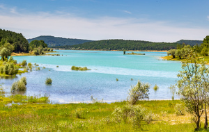 Lac de Montbel: rive Est après les Clavels, barrage Est, vue sur une petite partie  du lac au sud de Montbel d'en Bas